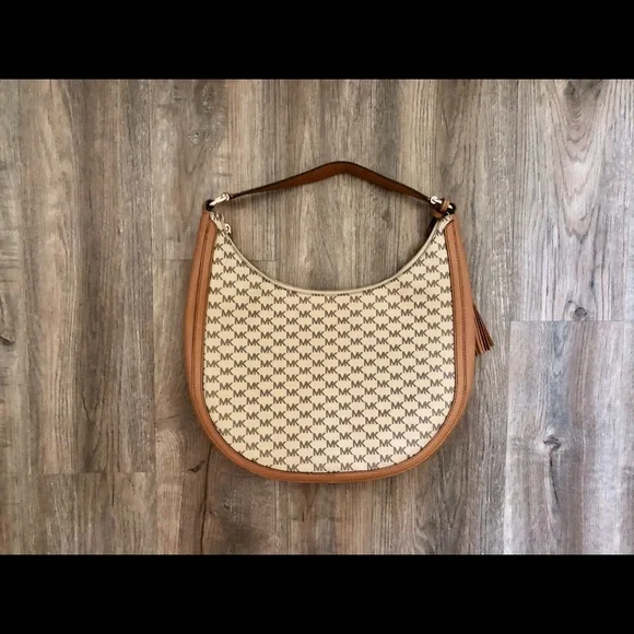 Like New Michael Kors Laryn Tan Coated Canvas Monogrammed Hobo Bag - Picture 6 of 8
